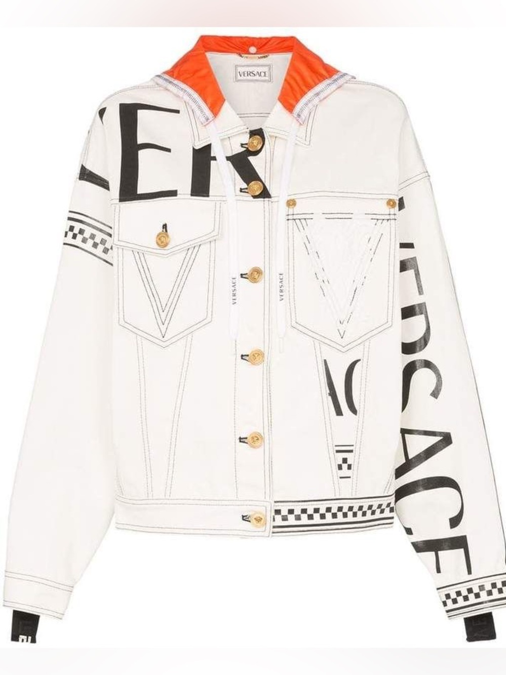 Versace White and Black Logo-Trim Denim Jacket